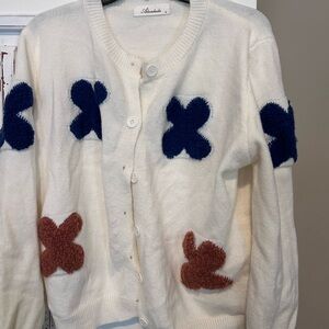 Sandro White Cardigan with Blue and Brown Accents